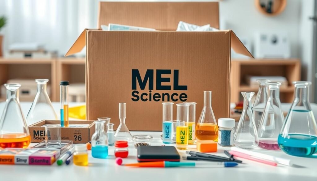 A bright and airy unboxing scene showcasing a range of science experiment supplies. In the foreground, various science equipment and materials are neatly arranged on a clean, white surface, including test tubes, beakers, pipettes, and colorful chemicals. The middle ground features a large cardboard box with the MEL Science logo, partially open to reveal more contents. Soft, natural lighting illuminates the scene, creating a sense of excitement and discovery. The background is blurred, keeping the focus on the unboxing process and the high-quality science materials. The overall atmosphere is one of curiosity, learning, and the joy of hands-on exploration.