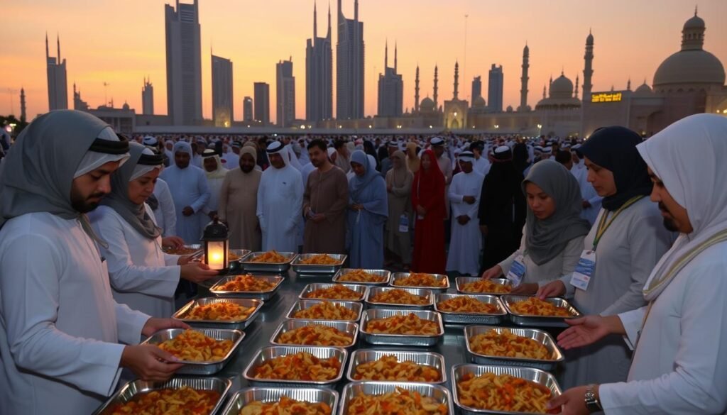 A bustling Ramadan meal distribution event in the Arab Emirates. In the foreground, volunteers carefully arrange trays of traditional Emirati dishes, their faces lit by the warm glow of lanterns. In the middle ground, a crowd of local residents patiently wait their turn, dressed in flowing robes and abayas. The background reveals the distinct architecture of the UAE, with towering skyscrapers and minarets silhouetted against a vibrant sunset sky. The scene exudes a sense of community, generosity, and cultural pride as the local charity association fulfills its mission of empowering those in need.