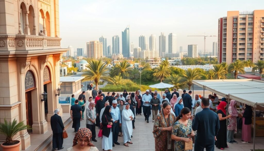 A bustling charity organization in the heart of Fujairah, UAE, with a rich history of empowering the local community. A stately building in the foreground, its facade adorned with ornate Arabic architectural details, stands as a testament to the association's long-standing presence. In the middle ground, people of diverse backgrounds engage in various charitable activities, their expressions radiating a sense of purpose and unity. The background reveals the vibrant cityscape of Fujairah, with its towering skyscrapers and lush greenery, creating a harmonious blend of modern progress and traditional values. Warm, golden lighting bathes the scene, conveying a sense of warmth and inviting the viewer to explore the heart of this remarkable institution.