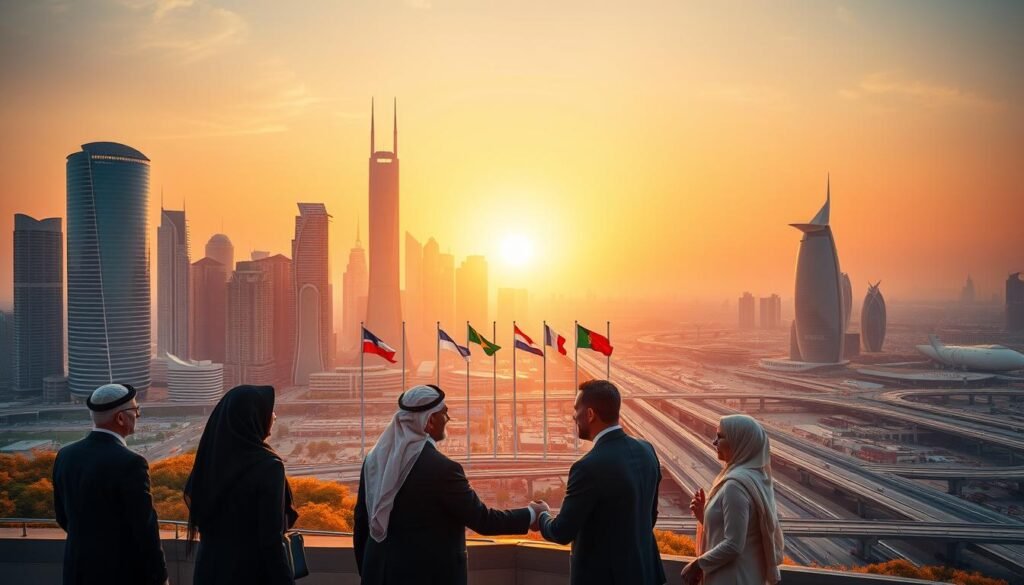 A bustling city skyline in the Middle East, with towering skyscrapers and iconic architectural landmarks silhouetted against a vibrant, golden-hued sunset. In the foreground, a group of business leaders from diverse backgrounds shake hands, their expressions conveying a sense of collaboration and partnership. The scene is bathed in warm, diffused lighting, creating a mood of prosperity and progress. In the middle ground, various national flags flutter gently, symbolizing the interconnectedness of the region's economies and the pursuit of mutually beneficial goals. The background is a panoramic view of the city, with a network of highways and transportation hubs, suggesting the region's strategic importance and global connectivity.