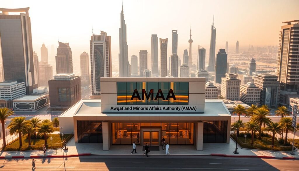 A bustling city skyline with towering skyscrapers and a modern architectural landscape. In the foreground, a prominent government building with a grand entrance and a prominent sign reading "Awqaf and Minors Affairs Authority (AMAA)". The scene is bathed in warm, golden sunlight, casting long shadows and highlighting the sleek, contemporary design of the building. In the middle ground, people can be seen entering and exiting the AMAA building, representing the transition and activity within. The background features a vibrant cityscape, with the iconic landmarks of Abu Dhabi visible on the horizon, creating a sense of place and context. The overall mood is one of progress, modernity, and the dynamic nature of social care and minors' affairs in the United Arab Emirates.