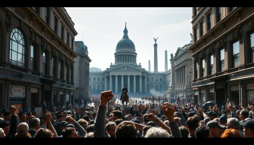 A bustling city square in the 19th century, sunlight filtering through the ornate archways and storefronts. In the foreground, a crowd of people gathered, raising their fists and placards, their faces alight with passion and determination. The middle ground features a grand, domed building, its columns and statues a testament to the aspirations of civic life. In the background, the silhouettes of towering monuments and the hustle of horse-drawn carriages, capturing the energy and dynamism of a time when citizens actively shaped the course of their communities. The scene conveys a sense of historical significance, of a people engaged in the ongoing work of democracy and civic responsibility.