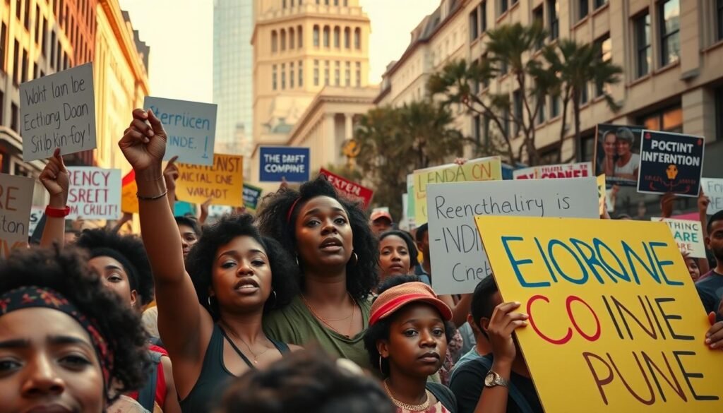 A bustling city street, with a passionate crowd rallying in the foreground, raising colorful signs and banners advocating for policy change. In the middle ground, diverse community leaders speak passionately, their expressions conveying the urgency of their cause. The background features a towering government building, symbolic of the institutions they aim to influence. The scene is illuminated by warm, natural lighting, casting an inspiring glow over the determined activists. The overall mood is one of grassroots empowerment, highlighting the power of community-driven advocacy to enact meaningful societal shifts.