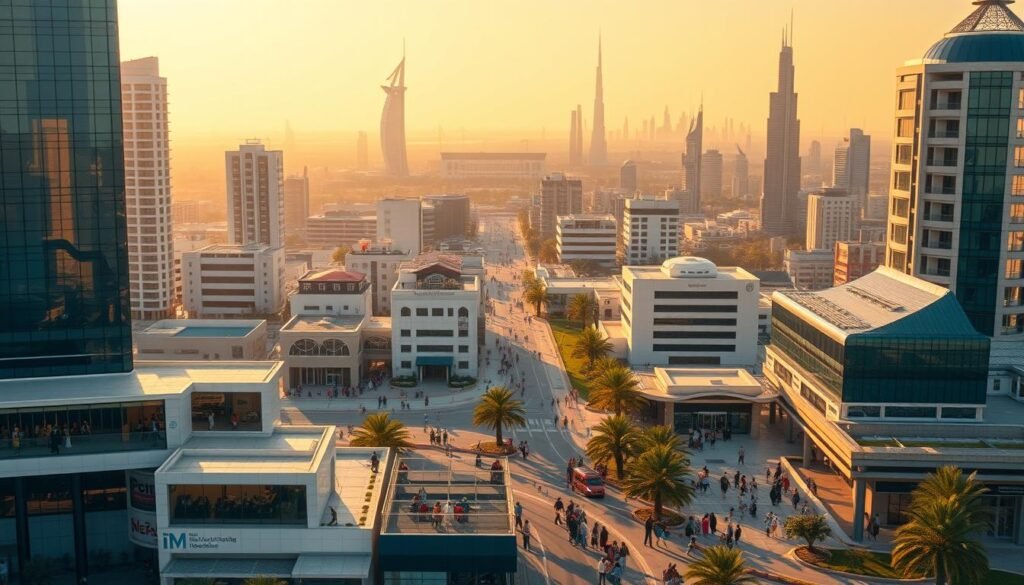A bustling cityscape of the UAE, illuminated by warm, golden sunlight. In the foreground, vibrant community centers and social development hubs stand tall, their modern architecture and inviting public spaces reflecting the country's commitment to social progress. In the middle ground, families and individuals engage in various empowerment programs, educational workshops, and recreational activities, showcasing the diverse initiatives of the Emirates Association for Social Development. The background features iconic landmarks of the UAE, casting a sense of national pride and unity. The overall scene conveys a harmonious blend of modernity, community, and social impact, capturing the essence of the Emirates Association's key initiatives.
