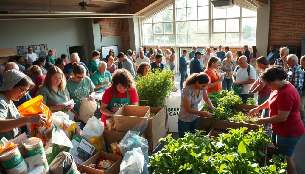 A bustling community center, filled with people engaged in various civic activities. In the foreground, a group of volunteers sorting and packing donated supplies for a local food bank. Mid-ground, a diverse group of neighbors working together to build a community garden, sunlight streaming through the greenery. In the background, a lively discussion taking place as residents collaborate on a neighborhood cleanup project, determination etched on their faces. The atmosphere is one of collective purpose, cooperation, and a shared sense of civic pride. Crisp, realistic details captured through a wide-angle lens, conveying the energy and impact of community service.