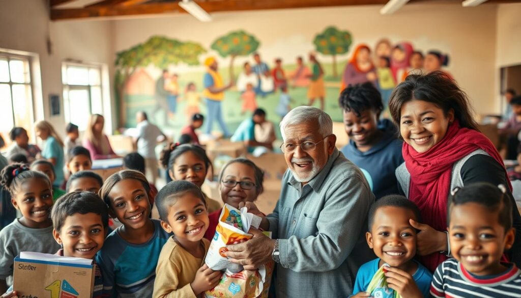 A bustling community center, filled with the warmth of human connection. In the foreground, a group of smiling children surround an elderly man, their faces alight with joy as they receive school supplies and warm meals. In the middle ground, a team of volunteers diligently sort through donations, carefully organizing them for distribution. The background showcases a vibrant mural, depicting scenes of families finding comfort and support in times of need. Soft, natural lighting filters through the windows, casting a hopeful glow upon the scene. The atmosphere radiates a palpable sense of empowerment and transformation, capturing the profound impact of charitable donations on underprivileged communities. A bustling community center, filled with the warmth of human connection. In the foreground, a group of smiling children surround an elderly man, their faces alight with joy as they receive school supplies and warm meals. In the middle ground, a team of volunteers diligently sort through donations, carefully organizing them for distribution. The background showcases a vibrant mural, depicting scenes of families finding comfort and support in times of need. Soft, natural lighting filters through the windows, casting a hopeful glow upon the scene. The atmosphere radiates a palpable sense of empowerment and transformation, capturing the profound impact of charitable donations on underprivileged communities.
