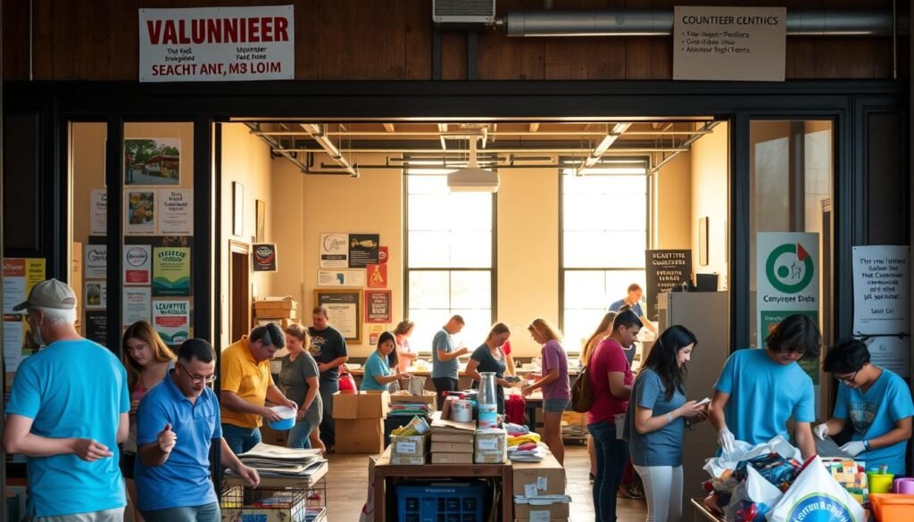A bustling community center, its entrance adorned with colorful flyers and signs showcasing diverse volunteer opportunities. In the foreground, a group of enthusiastic volunteers engage in various tasks - sorting donations, painting murals, and organizing supplies. The middle ground features an information desk where visitors can inquire about local initiatives, from beach cleanups to animal shelter programs. In the background, a warm, natural light filters through large windows, illuminating the vibrant atmosphere. The scene conveys a sense of community, purpose, and the rewarding experience of giving back to one's neighborhood.