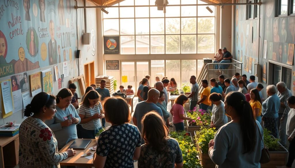 A bustling community center, its walls adorned with vibrant murals and posters showcasing diverse programs. In the foreground, a group of neighbors engaged in lively discussions, sharing ideas and experiences. The middle ground features a mix of activities - a coding workshop, an art class, and a community garden tended by volunteers. Warm, natural lighting filters through large windows, creating a sense of openness and inclusivity. The background reveals a thriving neighborhood, with people of all ages and backgrounds coming together to support one another, fostering a strong sense of community.