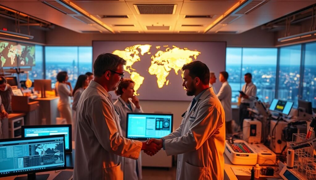 A bustling global research hub, with scientists from diverse nations collaborating intently around a large, illuminated world map. Warm lighting casts a collegial glow, as they pore over data on projected screens and confer earnestly. In the foreground, a trio of researchers shake hands, sealing a partnership agreement. The middle ground features modern laboratory equipment and a variety of scientific instruments, signifying the advanced technological capabilities powering their joint efforts. The background showcases a panoramic view of the world, emphasizing the international scope of their united mission to conquer cancer through groundbreaking discoveries.