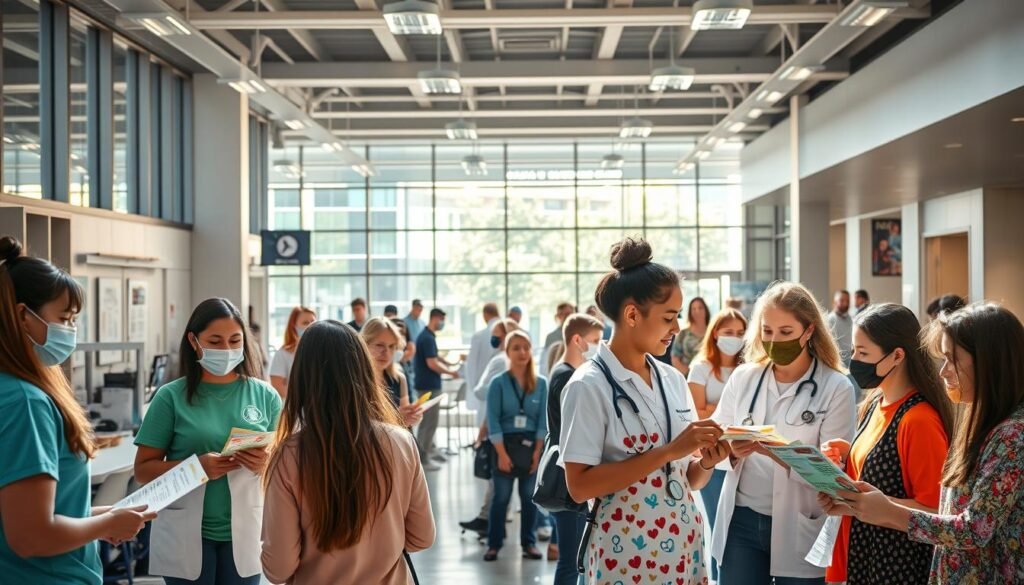 A bustling healthcare hub, with volunteers enthusiastically engaging in various health awareness activities. In the foreground, a group of individuals conducting free health screenings and distributing informational brochures. In the middle ground, a team of passionate volunteers organizing a community health fair, showcasing interactive displays and demonstrations. The background depicts a vibrant, modern medical facility, with sunlight streaming through large windows, creating a warm and inviting atmosphere. The scene conveys a sense of community involvement, empowerment, and a shared dedication to promoting healthier lifestyles.