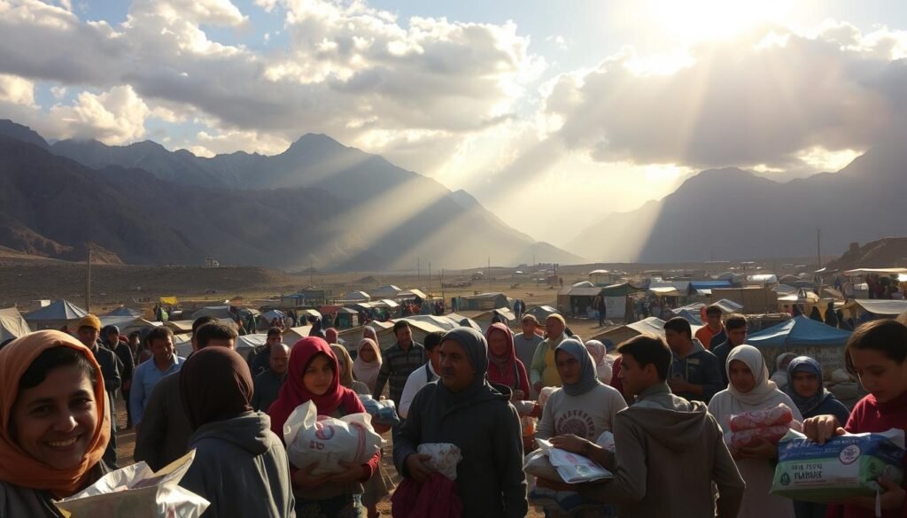 A bustling humanitarian aid camp in a remote, mountainous region. In the foreground, aid workers distribute supplies to local residents, their faces etched with gratitude. In the middle ground, tents and temporary shelters dot the landscape, providing refuge for those displaced by regional crises. In the background, rugged peaks rise, casting long shadows across the scene. Warm, golden sunlight filters through clouds, illuminating the scene with a sense of hope and resilience. The atmosphere is one of urgency and compassion, as the aid team works tirelessly to support those in need.