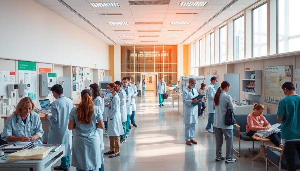 A bustling medical facility, bathed in warm, natural light. In the foreground, a team of healthcare professionals tending to patients with care and compassion. In the middle ground, a well-equipped waiting area with comfortable seating and informative displays. In the background, a modern, state-of-the-art building with clean, minimalist architecture. The atmosphere conveys a sense of trust, professionalism, and a deep commitment to improving the health and well-being of the community.