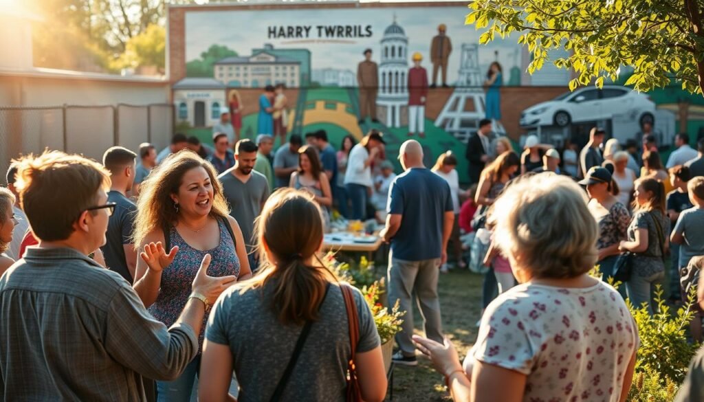 A bustling outdoor community gathering, illuminated by warm afternoon sunlight. In the foreground, a group of neighbors animatedly discussing plans for a local improvement project, gesturing passionately. In the middle ground, families and friends participate in various activities - tending to a community garden, setting up tables for a bake sale, or organizing supplies for a neighborhood clean-up. In the background, a mural depicting community icons and landmarks sets the vibrant, grassroots atmosphere. Subtle depth-of-field blur enhances the sense of an authentic, candid moment captured in time.