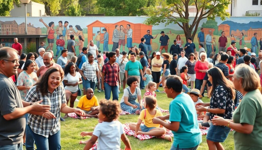 A bustling outdoor community gathering, with people of diverse ages and backgrounds engaged in various participatory activities. In the foreground, a group of neighbors enthusiastically playing outdoor games, their laughter and camaraderie palpable. In the middle ground, families picnicking on blankets, children running and playing, fostering a sense of togetherness. In the background, a vibrant mural adorns the walls, depicting scenes of civic pride and cooperation. Warm, natural lighting bathes the scene, creating a welcoming and inclusive atmosphere that invites onlookers to join in. A wide-angle lens captures the full scope of the community's collective engagement, underscoring the importance of civic participation.