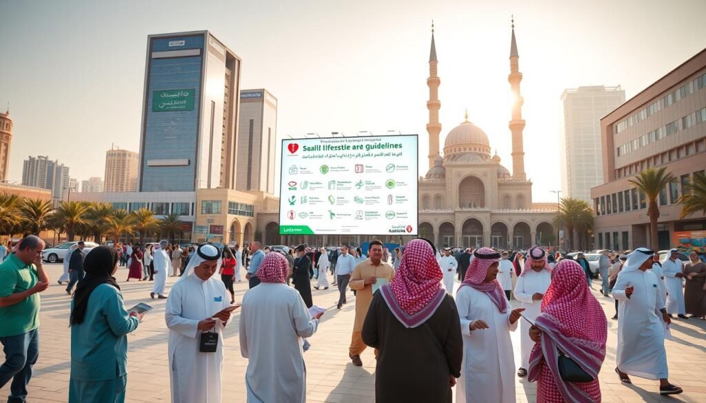 A bustling public square in Riyadh, Saudi Arabia, bathed in warm sunlight. In the foreground, a group of health workers engage with citizens, distributing educational pamphlets and offering free health screenings. The middle ground features a large billboard showcasing healthy lifestyle tips and guidelines, designed by the Saudi Heart Association. In the background, modern high-rise buildings and a towering, ornate mosque create a striking contrast, reflecting the nation's commitment to advancing public health alongside its rich cultural heritage. The scene conveys a sense of community, proactivity, and the government's efforts to promote cardiovascular wellness across the kingdom.