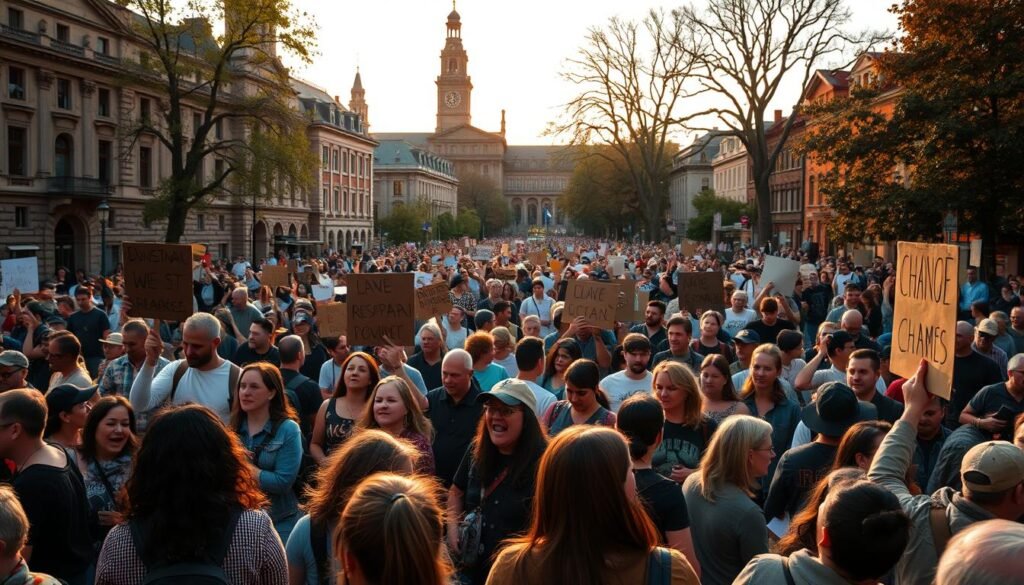 A bustling town square, filled with a diverse crowd of engaged citizens rallying for change. In the foreground, a group of passionate activists wielding handmade signs, their faces lit by the warm glow of a sunset. In the middle ground, a sea of people chanting slogans and marching with purpose, their energy palpable. In the background, the silhouettes of historic buildings and towering trees, a testament to the enduring spirit of community. The scene is captured with a wide-angle lens, conveying a sense of scale and the power of collective action. The lighting is natural and slightly soft, evoking a sense of hope and determination.