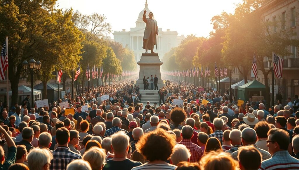 A bustling town square teeming with engaged citizens, the heart of a thriving democracy. In the foreground, a diverse crowd of people gathered around a podium, eagerly discussing policy and voicing their concerns. The middle ground showcases a lively town hall meeting, with citizens passionately debating local issues. In the background, a towering statue of a revered civic leader serves as a symbol of the community's unwavering commitment to democratic principles. Warm, golden sunlight filters through the scene, creating a sense of hope and unity. The atmosphere is one of active engagement, where every voice is heard and every vote carries weight.