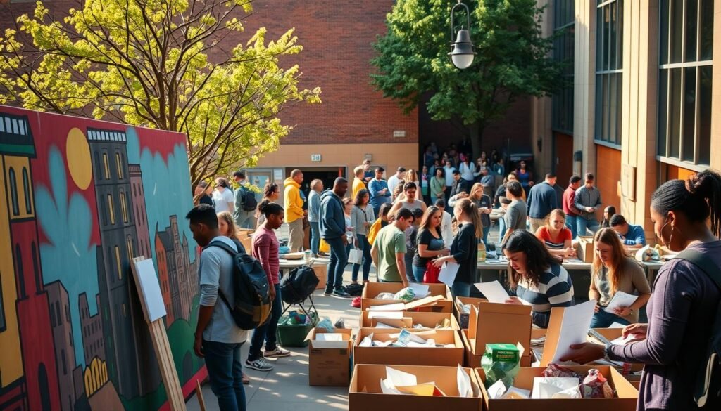 A bustling university campus, with students and faculty engaged in various community outreach programs. In the foreground, a group of students are working on a mural, capturing the vibrant spirit of the local neighborhood. In the middle ground, a team of volunteers is sorting donations for a local food bank, while in the background, a lecture hall hosts a panel discussion on sustainable urban development. The scene is illuminated by warm, natural lighting, creating a sense of energy and collaboration. The atmosphere is one of civic pride and a shared commitment to making a positive impact on the surrounding community.