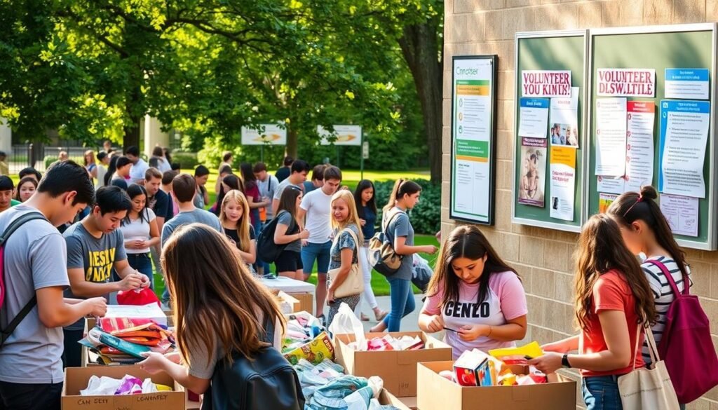 A bustling university campus, with students engaged in various volunteer activities. In the foreground, a group of students sorting and packing donated supplies for a local charity. In the middle ground, others engaged in a community clean-up project, picking up litter and beautifying the grounds. In the background, a noticeboard displays flyers and posters advertising different volunteer opportunities, from tutoring underprivileged children to working at a soup kitchen. Warm, natural lighting illuminates the scene, creating a sense of energy and purpose. The overall atmosphere conveys a spirit of civic engagement and social responsibility.