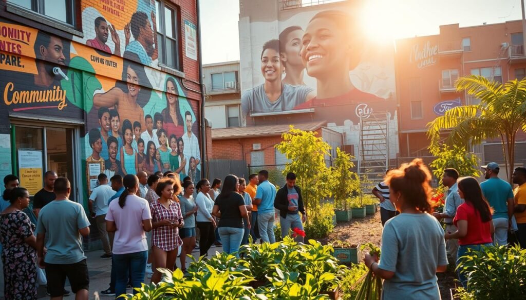 A bustling urban community center, its facade adorned with vibrant murals depicting scenes of empowerment and solidarity. In the foreground, a diverse group of residents engaged in lively discussions, sharing ideas and strategizing ways to uplift their neighborhood. The middle ground features a community garden, where people of all ages tend to lush, thriving plants - a symbol of collective nourishment and growth. The background showcases a towering mural, its bold strokes and vivid colors inspiring a sense of collective purpose and civic pride. Warm, golden sunlight filters through the scene, casting a hopeful glow and accentuating the sense of community and collaboration.