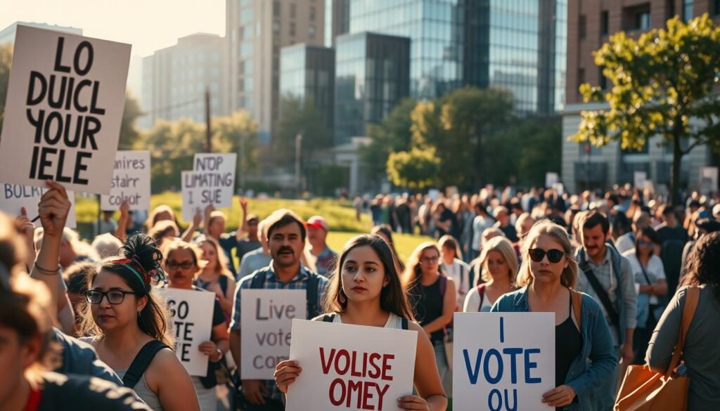 A bustling urban scene of diverse forms of civic engagement. In the foreground, citizens peacefully protesting, holding placards with impassioned slogans. In the middle ground, a group of volunteers cleaning up a public park, their faces etched with determination. In the background, a line of voters patiently waiting to cast their ballots, a symbol of the democratic process. The scene is bathed in warm, golden sunlight, lending an air of optimism and community spirit. Crisp, high-resolution detail, with a cinematic wide-angle lens to capture the breadth of civic participation.