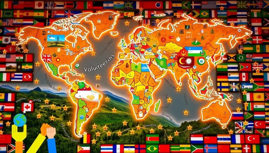 A bustling world map, illuminated by warm, golden light. In the foreground, vibrant icons representing volunteering activities - hands joining, globe symbols, and smiling faces. The middle ground showcases a diverse array of landscapes, from lush forests and rolling hills to bustling cityscapes and coastal scenes. In the background, a mosaic of flags from countries around the globe, each a potential destination for meaningful volunteer work. The overall composition conveys a sense of global connectivity, adventure, and the transformative power of giving back to communities worldwide.
