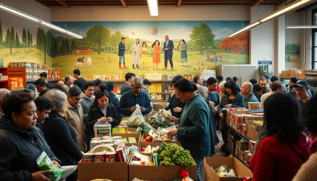 A busy community food bank, bustling with volunteers sorting and packing food donations. In the foreground, patrons line up to receive care packages, their faces conveying a mix of gratitude and resilience. The middle ground features a variety of fresh produce, canned goods, and non-perishable items arranged neatly on shelves. In the background, a mural depicting scenes of togetherness and shared abundance sets the tone. Warm, soft lighting illuminates the space, creating an atmosphere of care and compassion. A wide-angle lens captures the scale and scope of this essential hunger relief program, a testament to the power of community-driven initiatives.