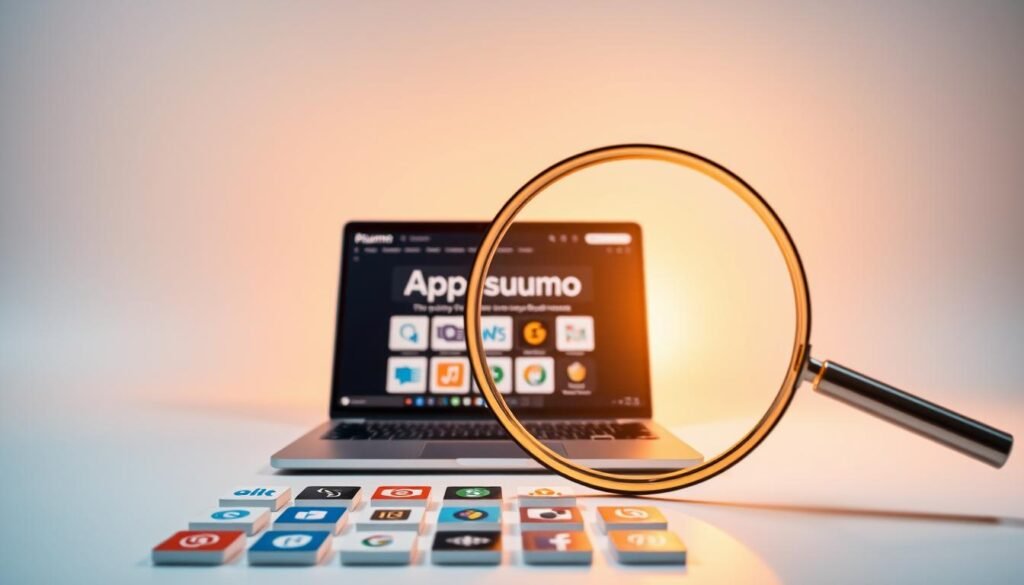 A captivating image of golden advice for savvy Appsumo deals. Set against a clean, minimalist backdrop, a magnifying glass hovers over a curated collection of software tools, casting an insightful glow. The foreground features a neatly organized arrangement of icons, each representing a potential Appsumo gem. The middle ground showcases a sleek, modern laptop displaying the Appsumo website, inviting the viewer to explore the platform. In the background, a soft, warm light emanates, creating a sense of enlightenment and guidance. The overall composition conveys a sophisticated, research-driven approach to finding the best Appsumo deals, inspiring the viewer to approach their purchasing decisions with a keen eye and strategic mindset.