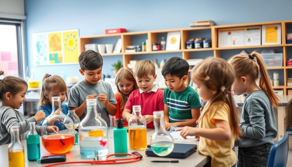 A classroom scene featuring interactive science experiments for children. In the foreground, a group of young students excitedly gathering around a table, observing and participating in hands-on demonstrations. Vibrant colors, engaging scientific apparatus, and curious expressions capture the atmosphere of discovery and learning. In the middle ground, the teacher guides the students, encouraging them to explore and make connections. The background showcases a well-equipped science lab, with shelves of scientific equipment and colorful diagrams adorning the walls, creating an immersive and stimulating environment for interactive scientific exploration.