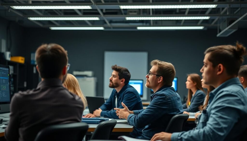A classroom setting with experienced instructors guiding students in a dynamic, hands-on learning environment. Bright lighting illuminates the faces of the instructors, conveying a sense of expertise and confidence. The background features technical equipment and resources, hinting at the specialized, technical nature of the training. The students appear engaged, leaning forward in their seats, eager to absorb the knowledge being imparted. The overall atmosphere is one of professional development, with a focus on providing personalized support and guidance to ensure the success of the learners.