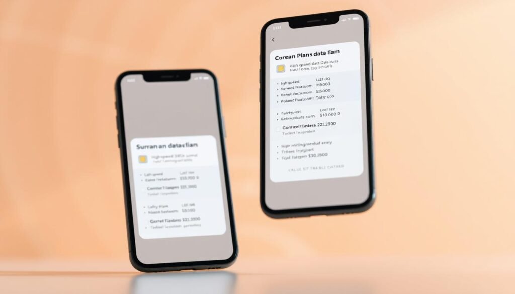 A clean, minimal rendering of mobile phone screens displaying data plan details for international eSIM travel. Floating, translucent windows show plan features like high-speed data limits, validity periods, and pricing. A subtle, warm-toned background with a blurred pattern representing mobile network coverage. Softly lit from the side to create depth and highlights the screen elements. Captured from a low, dynamic angle to convey a sense of premium, modern technology. An elegant, informative composition that showcases the available eSIM data plan options.