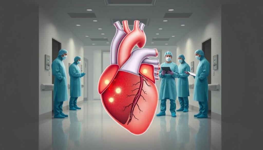 A clinical medical illustration depicting COVID-19 cardiac care guidelines. A detailed foreground shows a cross-section of the human heart, with highlighted areas indicating the effects of the virus on cardiac function. The middle ground features a team of healthcare professionals in protective gear, reviewing patient data and guidelines. The background is a muted, minimalist hospital setting with clean, soft lighting. The overall tone is informative, clinical, and emphasizes the importance of specialized cardiac care during the pandemic.