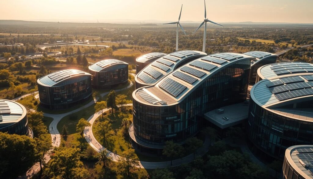 A cluster of sleek, modern buildings with curved glass facades and solar panels adorning their rooftops. The structures are nestled amidst lush greenery, with a network of walkways and bike paths winding through the landscape. Sunlight filters through the buildings, casting warm, golden hues and creating a sense of harmony between the architecture and the natural environment. In the distance, a wind turbine spins, harnessing the power of the elements to generate clean, renewable energy. The overall scene conveys a vision of sustainable, energy-efficient urban living, where technology and nature coexist in perfect balance.