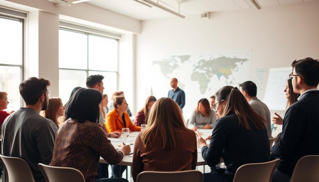 A cohort of diverse students gathered in a light-filled classroom, engaged in lively discussion and collaborative exercises. The scene is bathed in warm, natural lighting from large windows, creating a sense of openness and inviting atmosphere. In the foreground, small groups huddle around tables, sketching ideas and brainstorming on whiteboards. The middle ground features the instructor, guiding the conversation with a blend of lecture and interactive activities. In the background, a world map or industry-relevant visuals are displayed, connecting the learning to real-world contexts. The overall composition conveys a dynamic, immersive, and community-driven educational experience.