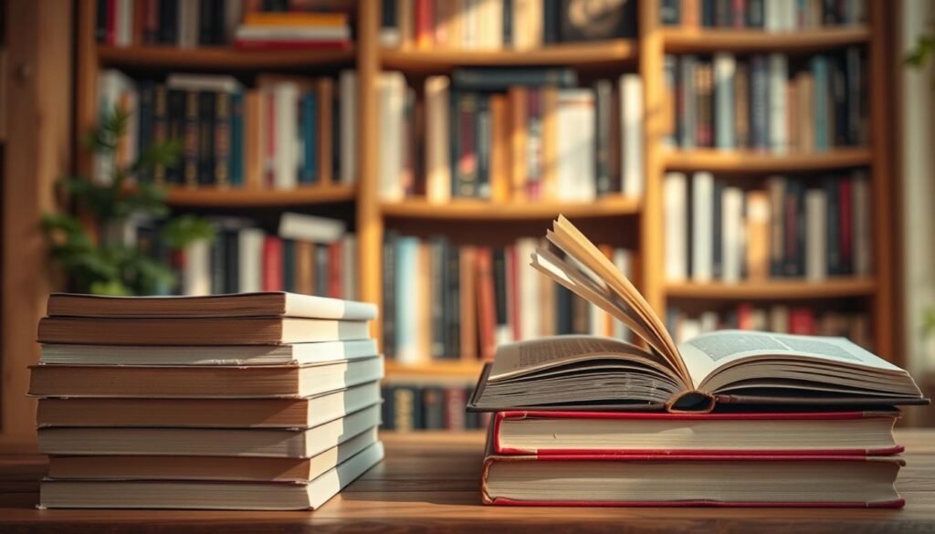 A comparison of new and used books, set against a warm, natural backdrop. In the foreground, a stack of pristine, crisp hardcovers, their spines neatly aligned. In the middle ground, a well-worn, dog-eared paperback, its pages tenderly turned, exuding a sense of history and character. The background features a cozy, sun-dappled bookshelf, housing a diverse array of volumes, each with its own unique story to tell. The lighting is soft and inviting, casting a gentle glow on the scene, evoking a sense of timelessness and the joy of discovery that comes with exploring both new and pre-loved literary treasures.