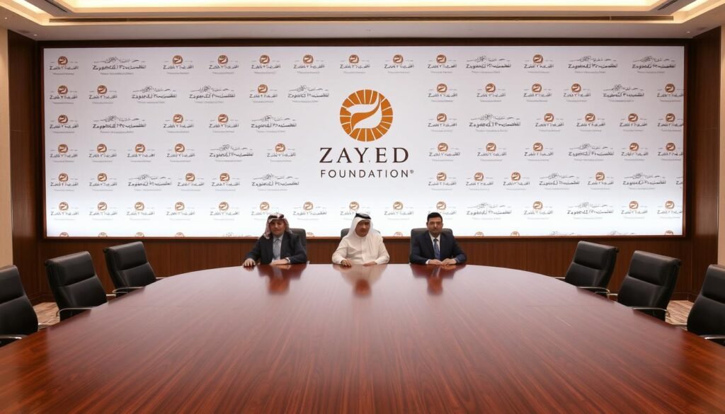 A corporate boardroom setting, with a large mahogany table at the center. Behind it, a wall-to-wall backdrop of the Zayed Foundation's logo, illuminated by warm, soft lighting. At the head of the table, five distinguished individuals sit, their attentive expressions conveying the gravity of their discussions. The room exudes a sense of authority and professionalism, reflecting the Foundation's commitment to its charitable and humanitarian initiatives in the UAE.