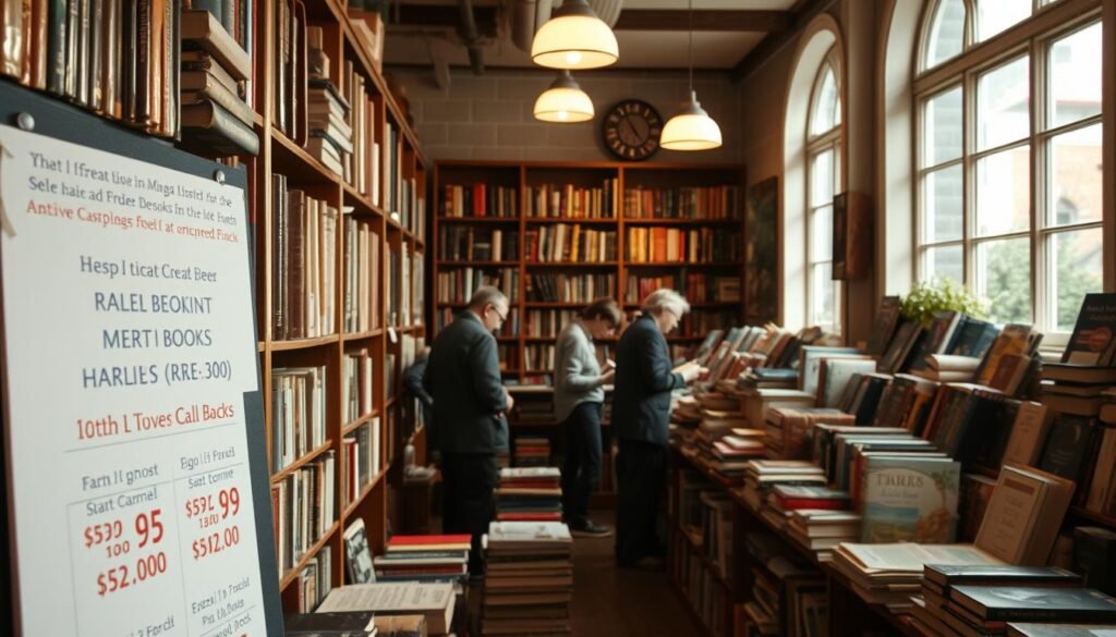 A cozy bookshop interior, soft lighting illuminating rows of well-worn volumes on wooden shelves. Prominently featured in the foreground, a display showcasing various price tags and special offers for a selection of rare and used books. The middle ground depicts customers browsing the shelves, their faces alight with curiosity. In the background, a large window allows natural light to filter in, creating a warm, inviting atmosphere. The overall scene conveys a sense of discovery and the thrill of uncovering hidden literary gems at exceptional values.