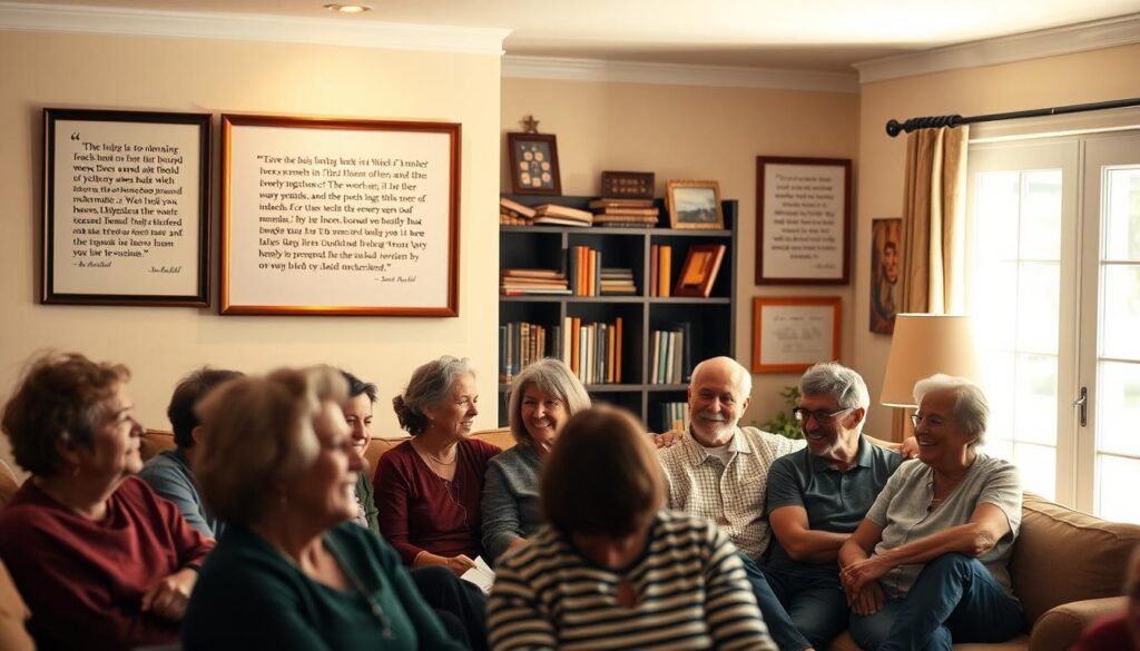 A cozy living room setting, with warm lighting and a comfortable ambiance. In the foreground, a group of people of diverse ages and backgrounds sit together, engaged in animated conversation. Their faces are expressive, conveying a sense of warmth and community. In the middle ground, framed testimonials are displayed on the walls, showcasing stories of individuals whose lives have been positively impacted by the foundation's work. The background features a bookshelf and a window, allowing natural light to filter in, creating a welcoming and inviting atmosphere. The overall scene conveys a sense of togetherness, appreciation, and the profound impact of the foundation's efforts within the local community.