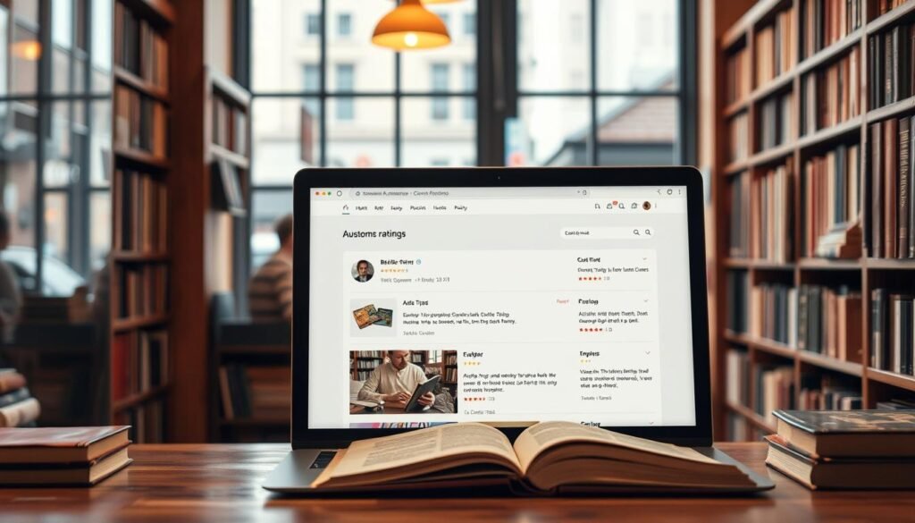 A cozy online bookshop interior, with warm lighting and wooden shelves filled with well-worn tomes. In the foreground, a laptop displays customer ratings and reviews for books on the AbeBooks platform, presented in a clean, easy-to-read layout. The middle ground features a thoughtful reader, immersed in a book, conveying the trustworthiness and reliability of the AbeBooks experience. The background showcases a serene, inviting atmosphere, with a large window overlooking a bustling city street, hinting at the vast selection and global reach of the online marketplace.