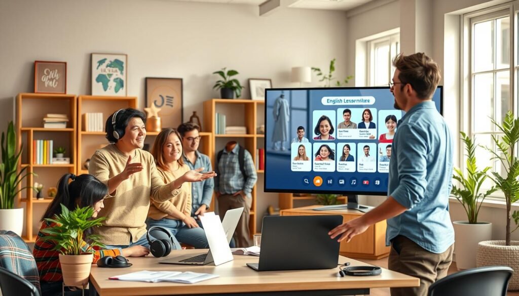 A cozy, well-lit classroom setting with an interactive virtual English lesson displayed on a large screen. In the foreground, a friendly English tutor gestures and engages with a diverse group of adult students, their faces alight with curiosity and engagement. The middle ground features a sleek, modern workstation with a laptop, headphones, and other learning materials, hinting at the technology-driven nature of the lesson. The background showcases a warm, inviting environment with bookshelves, inspirational artwork, and plants, creating a nurturing atmosphere for productive language learning. Soft, natural lighting from large windows illuminates the scene, conveying a sense of openness and approachability.