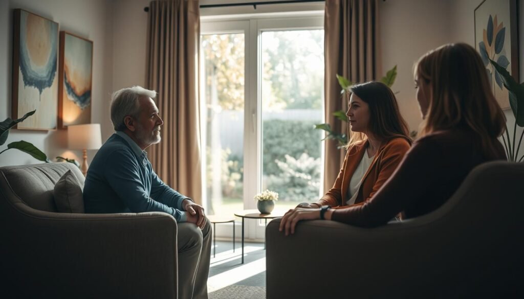 A cozy, well-lit counseling room with comfortable armchairs and soft lighting. In the foreground, a patient and a therapist engaged in an earnest discussion, their expressions conveying empathy and support. The middle ground features soothing abstract artworks on the walls, creating a calming ambiance. The background showcases a window overlooking a tranquil garden, with natural light filtering through, symbolizing hope and healing. The overall mood is one of compassion, understanding, and a safe space for personal growth and wellness.