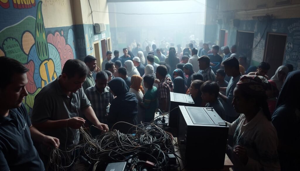 A crowded community center, its walls adorned with vibrant murals, stands as a hub of activity. In the foreground, a group of volunteers grapple with a tangle of wires and outdated equipment, their brows furrowed in concentration. The middle ground reveals a diverse array of residents, some engaged in lively discussions, others waiting patiently for their turn to access the limited resources. Dim lighting casts shadows, creating a sense of uncertainty and challenge. The background is hazy, suggesting the looming bureaucratic and financial obstacles that often hinder the success of community-led programs. The overall mood is one of determination and resilience, as the community navigates the complexities of maintaining a thriving local initiative.