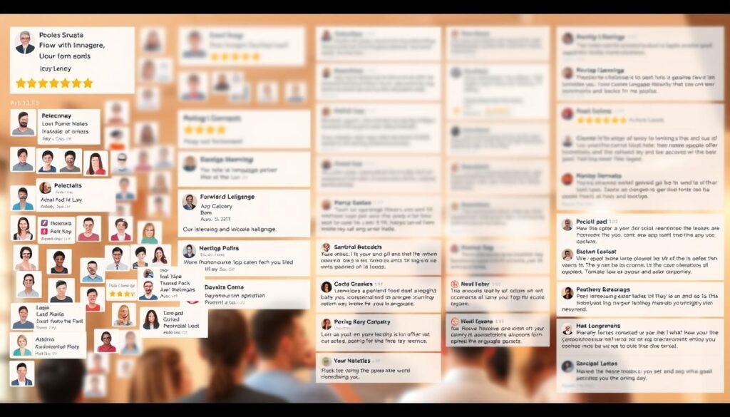 A crowdsourced review board displaying a diverse range of user ratings and testimonials for a language learning app. The foreground showcases a collage of user profile icons, stars, and numerical scores, conveying a sense of user engagement and satisfaction. The middle ground features various user comments and feedback, providing a window into the app's real-world performance and usability. The background subtly blends warm tones and a soft, out-of-focus effect, creating a welcoming and approachable atmosphere. Lighting is natural and balanced, with a slight directional emphasis to highlight the key elements. The overall composition aims to capture the collective user experience and sentiment surrounding the language learning application.