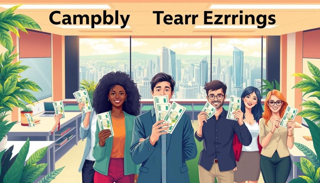 A detailed and visually striking illustration of "Campbly Teacher Earnings", showcasing a lush, vibrant scene. In the foreground, a group of diverse teachers stands proudly, each holding up a stack of banknotes, their faces beaming with satisfaction. The middle ground features a sleek, modern classroom setting, with high-tech teaching aids and a welcoming atmosphere. In the background, a panoramic view of a bustling city skyline, hinting at the vast opportunities available through Campbly's English language tutoring services. The lighting is warm and inviting, creating a sense of prosperity and success. The overall composition conveys the message of lucrative earnings and the potential for financial growth for Campbly's dedicated educators.