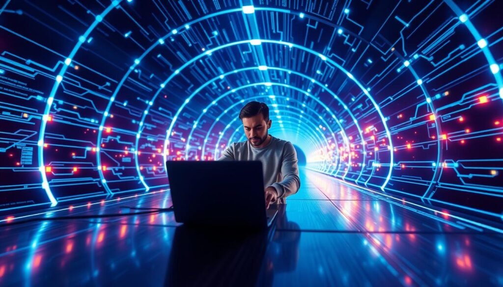 A detailed and visually striking illustration of internet security protected by a VPN. Show a central figure of a person using a laptop, surrounded by a shimmering blue VPN tunnel that stretches into the background, with glowing data streams and network nodes. Use a dramatic low-angle perspective to emphasize the power and protection of the VPN. Employ a cool, futuristic color palette with hints of neon to convey the technological nature of the subject. Ensure the overall composition is balanced and visually compelling, reflecting the importance of VPN security.
