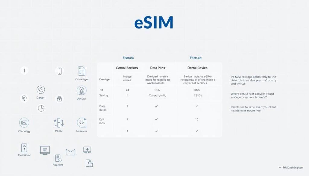 A detailed comparison of eSIM services, showcasing their features and differences in a clean, infographic-style layout. The foreground depicts various eSIM icons and symbols, while the middle ground presents side-by-side comparisons of key metrics such as coverage, data plans, and device compatibility. The background features a subtle, minimalist grid pattern that adds structure and balance to the composition. The overall mood is informative and data-driven, with a modern, technological aesthetic that complements the subject matter.