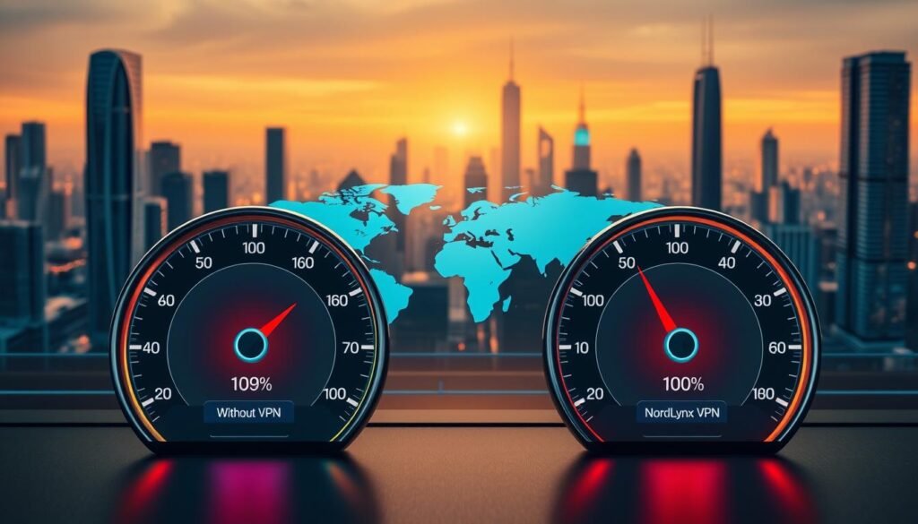 A detailed, high-resolution image showcasing the speed comparison of NordLynx VPN. In the foreground, two speedometers display the network speeds, one labeled "Without VPN" and the other "With NordLynx VPN". The speedometers are surrounded by sleek, modern design elements, including clean lines and subtle gradients. In the middle ground, a minimalist world map highlights the global reach of the NordLynx network. The background features a futuristic cityscape with towering skyscrapers, conveying a sense of technological advancement and connectivity. The entire scene is bathed in a warm, inviting lighting, creating a visually striking and informative representation of the NordLynx VPN's blazing fast speeds.