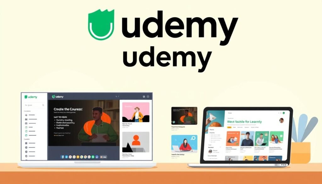 A digital illustration of the Udemy learning platform, showcasing its intuitive interface and diverse course offerings. In the foreground, a clean and modern desktop layout displays a variety of course thumbnails, each with an appealing visual design. The middle ground features a large Udemy logo, rendered in a minimalist yet striking style, conveying the platform's authority and prestige. In the background, a soft, blurred gradient creates a sense of depth and emphasizes the platform's focus on learning and personal development. The overall mood is one of professionalism, accessibility, and the promise of educational empowerment.