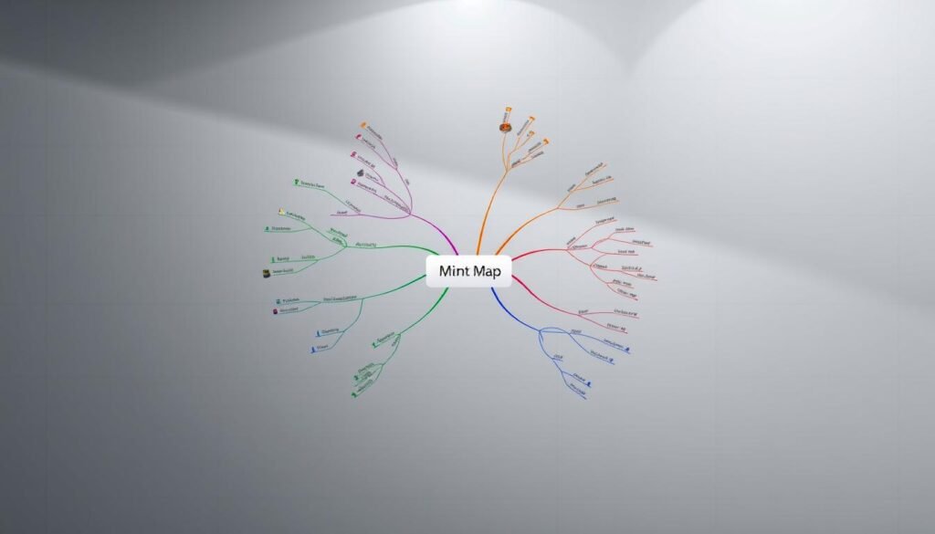 A digital mind map with a sleek, modern aesthetic. In the foreground, vibrant colored nodes and connectors radiate outward from a central topic, illustrating the interconnected nature of ideas. The middle ground features a minimalist, monochromatic background with subtle grid lines, lending a sense of structure and organization. Subtle lighting from above casts soft shadows, enhancing the depth and dimensionality of the composition. The overall mood is one of clarity, creativity, and efficient information design, perfectly capturing the capabilities of the MindManager software.