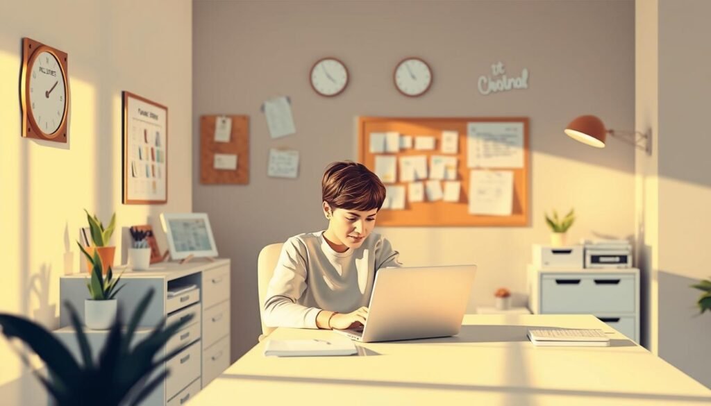 A digitally rendered illustration depicting the concept of "تعزيز الإنتاجية" (Enhancing Productivity). The scene shows a person sitting at a desk, working on a laptop surrounded by a clean, minimalist office environment. The lighting is warm and natural, creating a focused and productive atmosphere. In the background, various productivity-enhancing elements are visible, such as a bulletin board with notes and reminders, a calendar, and organizational tools. The composition draws the viewer's attention to the central figure, showcasing the tools and strategies that enable them to enhance their productivity and efficiency.